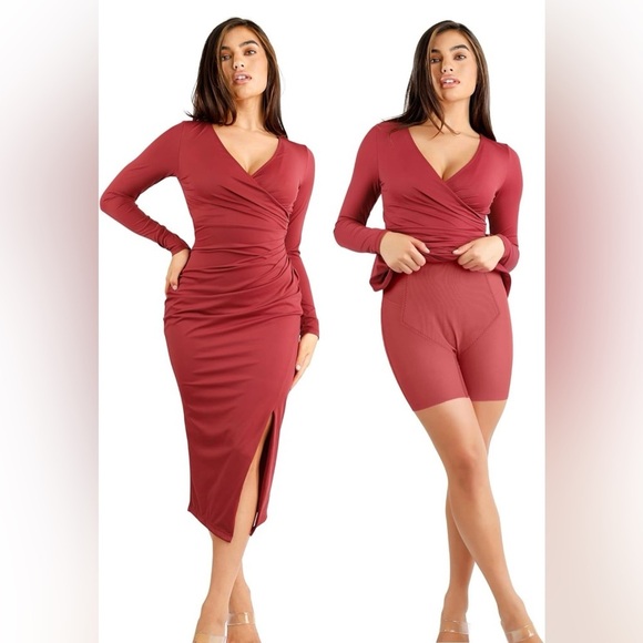 Popilush Dresses & Skirts - Popilush Shapewear Ruched Long Sleeve Midi Dress For Insiders Size